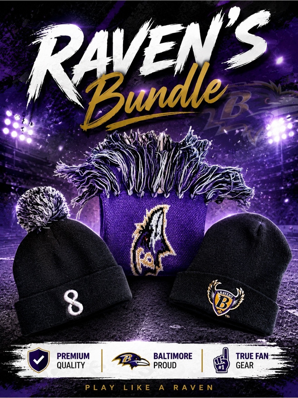 Baltimore Ravens Super Fan Collection: 2 Knit Hats & Scarf. One-Size